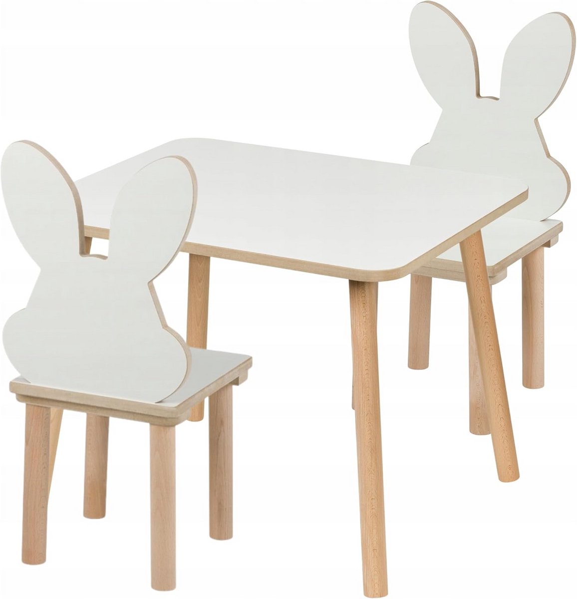 Kindertafel met 2 Konijn Stoelen Set - Wit Hout MDF - 60x50cm - 3 tot 7 Jaar