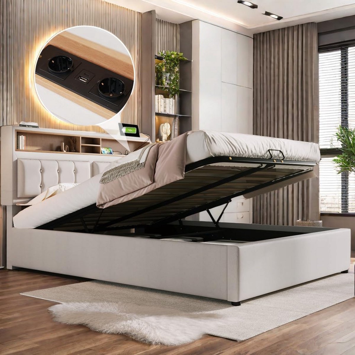 Tweepersoonsbed 140x200 cm met USB-C Oplaadpunten en Opbergruimte