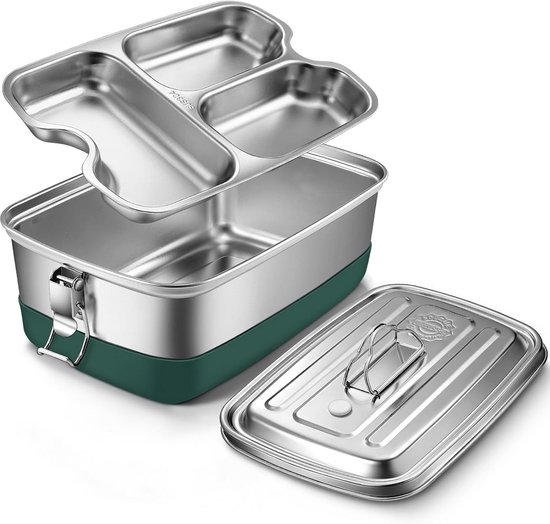 Roestvrijstalen lunchbox met donkergroene bodem, deksel en 3-vaks bakje zijn open. Tekst: "SUS304".