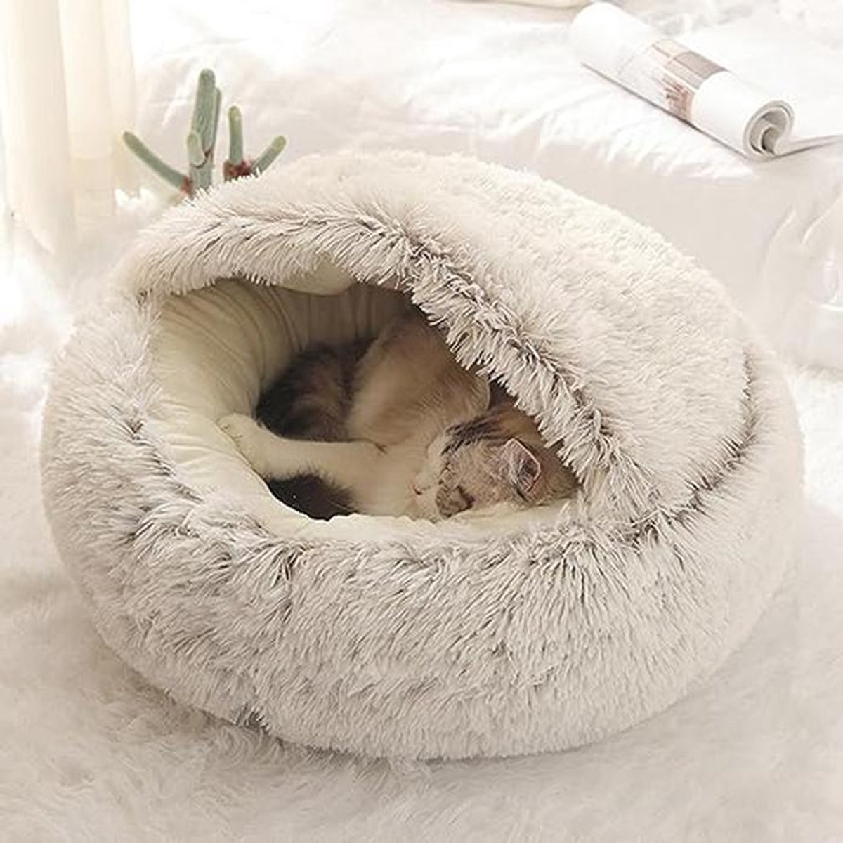 Zacht Pluche Kattenbed Grot Rond met Capuchon - Zelfverwarmend Donut Slaapbed voor Kleine en Middelgrote Dieren 60 x 60 cm