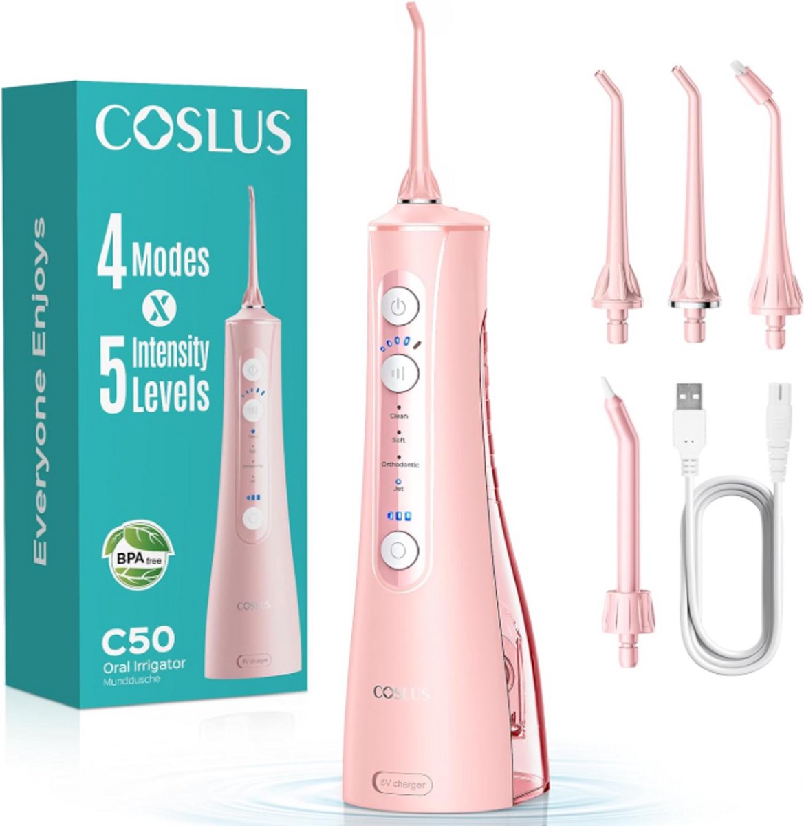 COSLUS Draadloze Waterflosser – Elektrische Monddouche voor Tanden – 4 Modi & 5 Intensiteitsniveaus – Geschikt voor Beugels & Gevoelig Tandvlees – BPA-vrij – Roze