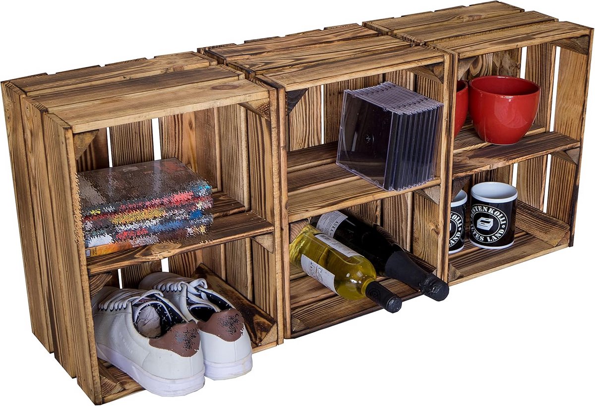 Set van 3 Gevlamde Houten Kisten voor Opslag en Decoratie