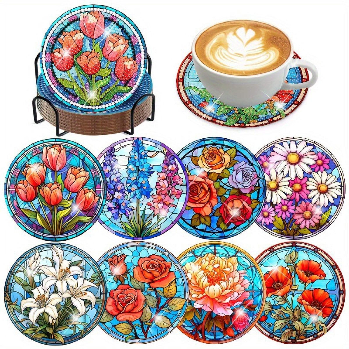 VDTOYS® DIAMOND PAINTING voor volwassenen - Onderzetters - Coasters - Onderleggers - Ronde steentjes - 8 stuks - Compleet Hobbypakket - set AD Veldbloemen 2