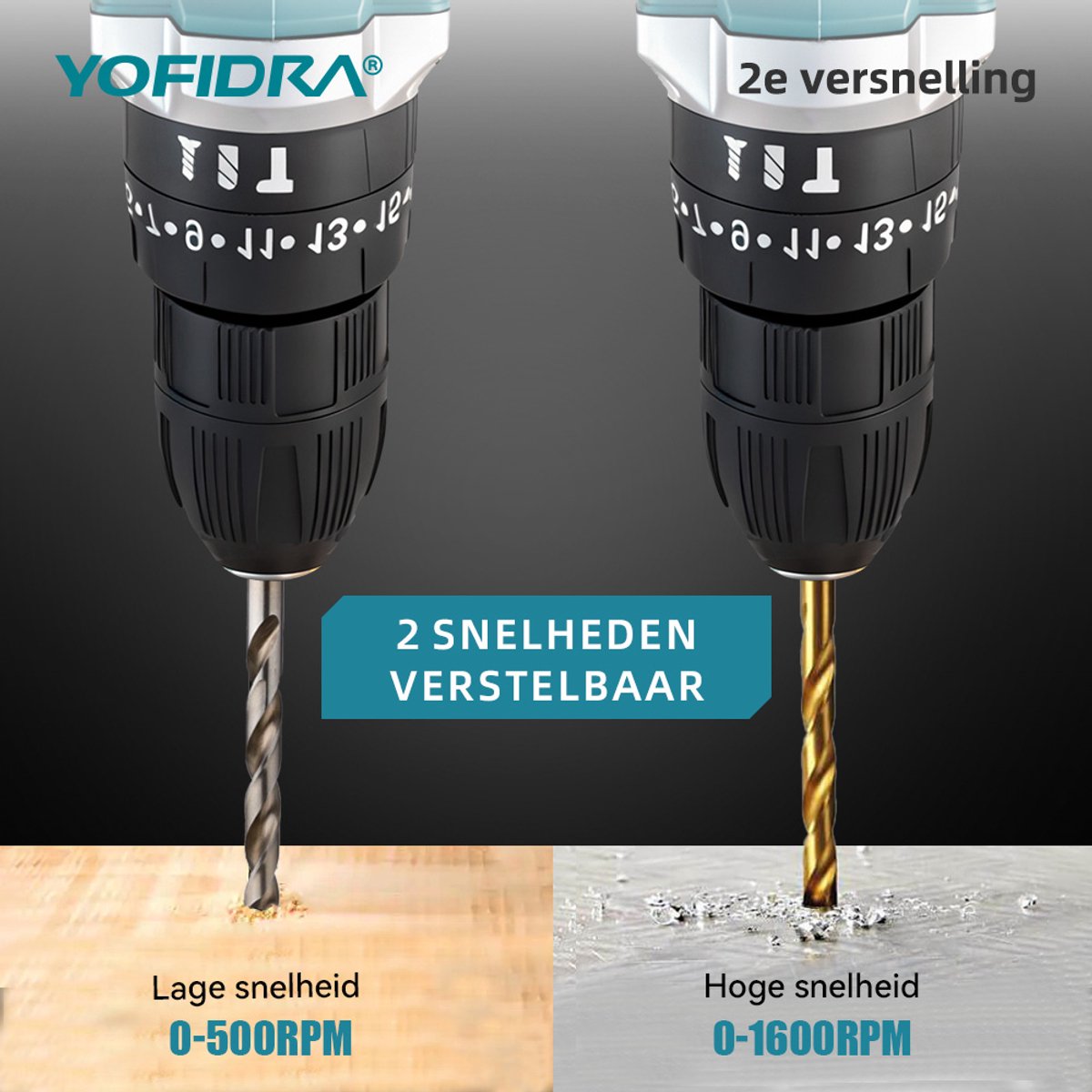 Yofidra Accuboormachine - 60Nm Accuboorschroefset - met 2x accu's & 53x Accessoires - 21V Boormachine - 25+3 Standen - 2 Snelheden - Gereedschapskit - voor Thuis & Klussen – foto 6