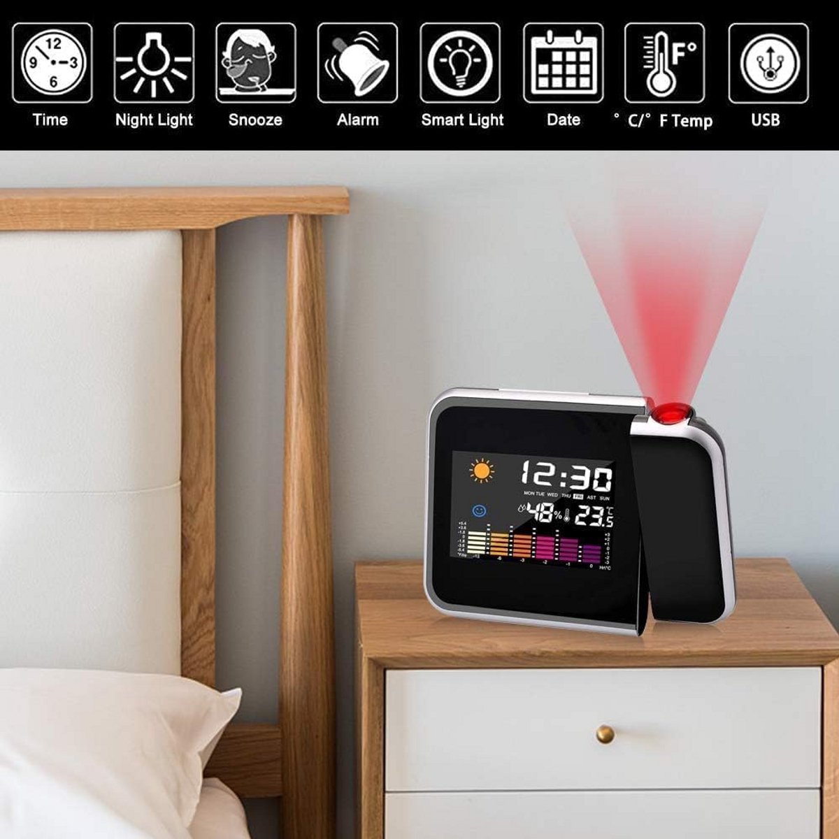 Digitale LED Projectieklok met Spiegelglas, Datum en Buiten Temperatuurmeting