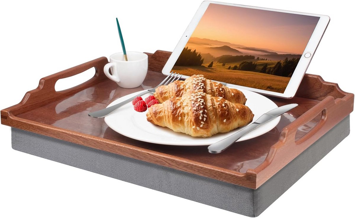 Houten laptoptafel met kussen voor bed en bank