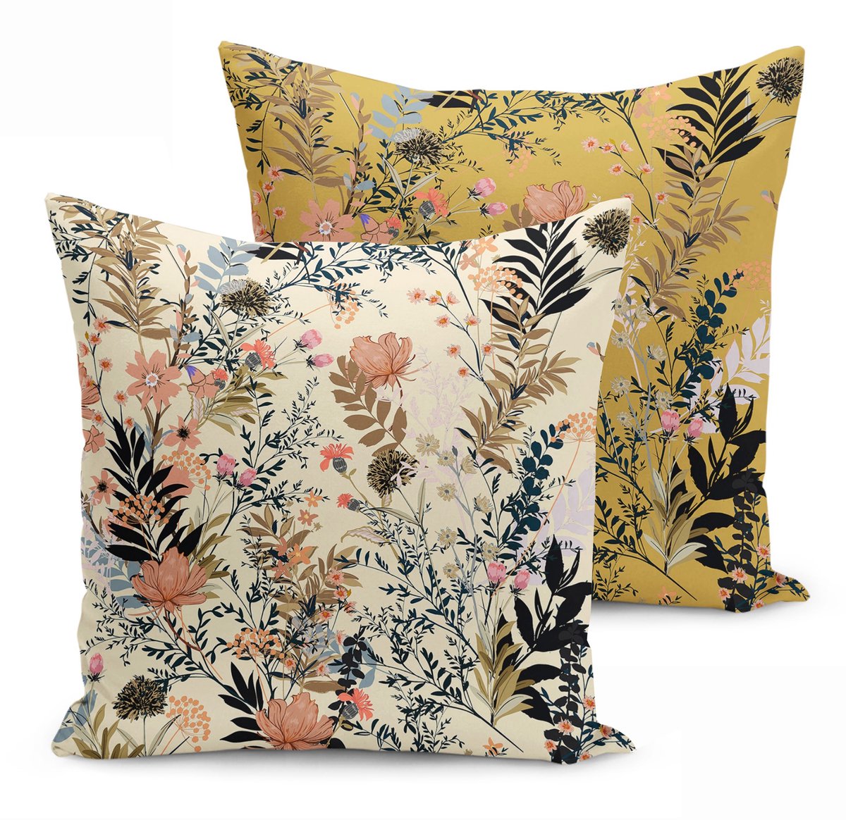 De Groen Home BLOEM Sierkussen velvet - 50x50 cm - Set van 2 - geel & beige crème - Inclusief binnenkussen