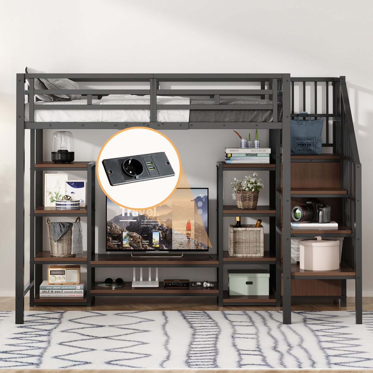 STILVORA Hoogslaper 90x200 cm – Hoogslaper met TV-standaard & Stopcontact – Ruimtebesparend Ontwerp – Metaal – Zwart – Zonder matras