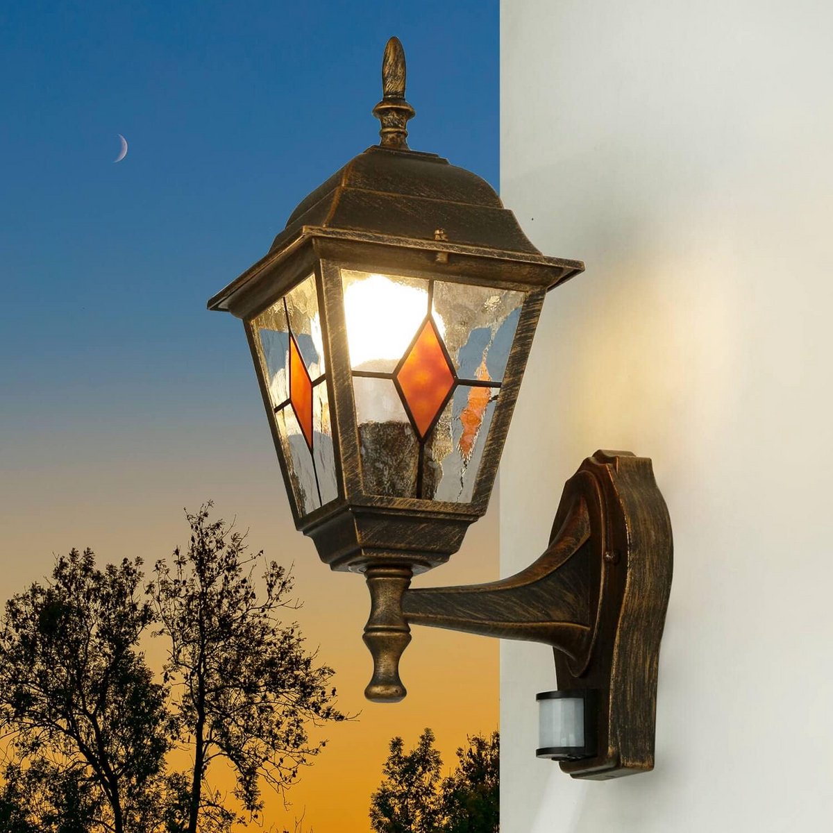 Antieke Buitenwandlamp met Bewegingsmelder Koperkleur H: 37.5 cm E27 Sensor Verlichting voor Huis, Balkon en Tuin