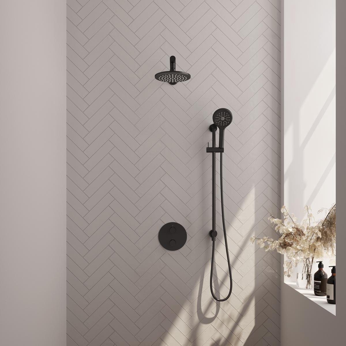 Brauer Black Carving Thermostatische Regendoucheset Inbouw - Hoofddouche 20 cm - Rechte Wandarm - 3 Weg - Handdouche Rond 3 Standen - Doucheslang - Geintegreerde Glijstang - Mat Zwart