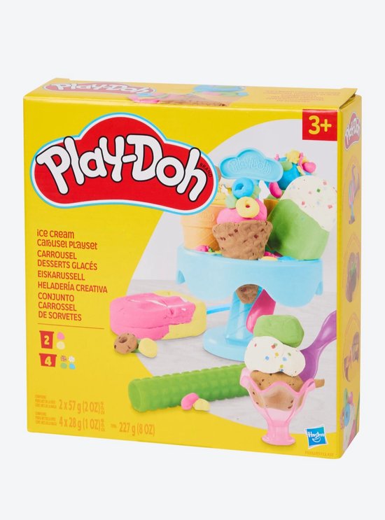 Play-Doh ijsjes carrousel speelset met gele doos, veelkleurige Play-Doh en ijsvormpjes.