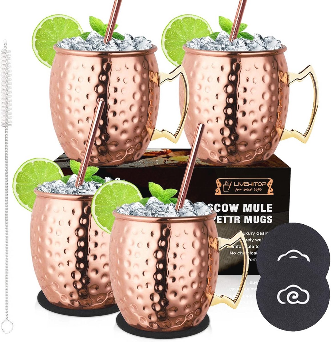 4-delige Moscow Mule Mokken Set - 19.5 Oz Handgemaakte Cocktailbeker voor Koud Drankje, Wijn, Bier - Perfect voor Thuis, Bar en Feestelijke Gelegenheden