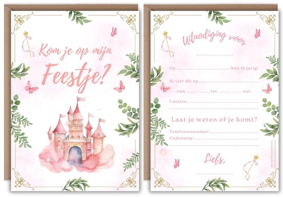 Uitnodiging Kinderfeestje Prinses – 10 Kaarten met Enveloppen – Voor Meisje – Beschrijfbaar – Verjaardag Kind