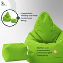 Gedetailleerde limegroene XL zitzak en poef, met illustratie van ergonomisch ontwerp.