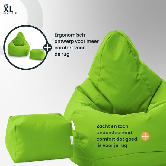 Gedetailleerde limegroene XL zitzak en poef, met illustratie van ergonomisch ontwerp.