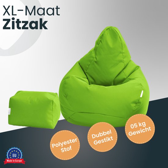 Limegroene XL zitzak en poef, met indicaties van materiaal en gewicht.