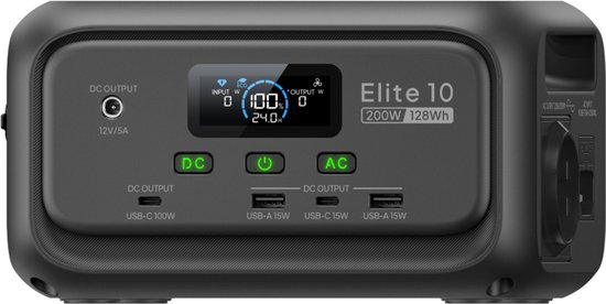 Zwarte Bluetti Elite 10 powerstation met display, USB-poorten en AC-stopcontact aan de zijkant.
