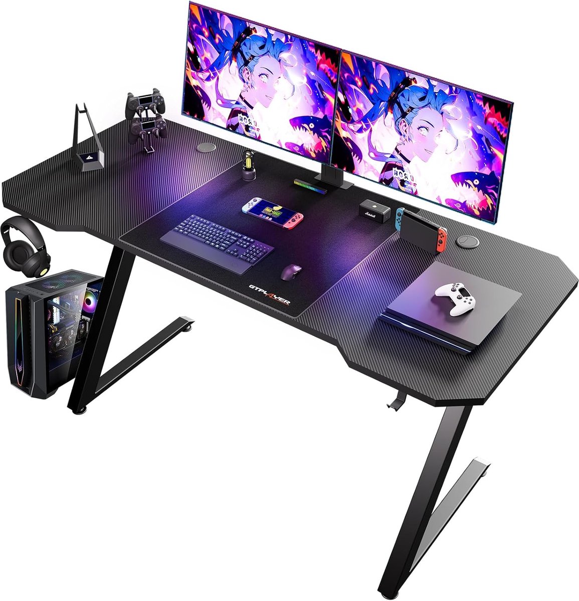 GTPLAYER - Gamingtafel 120x60 cm - Met Koolstofvezel en Hoofdtelefoonhaak - Zwart