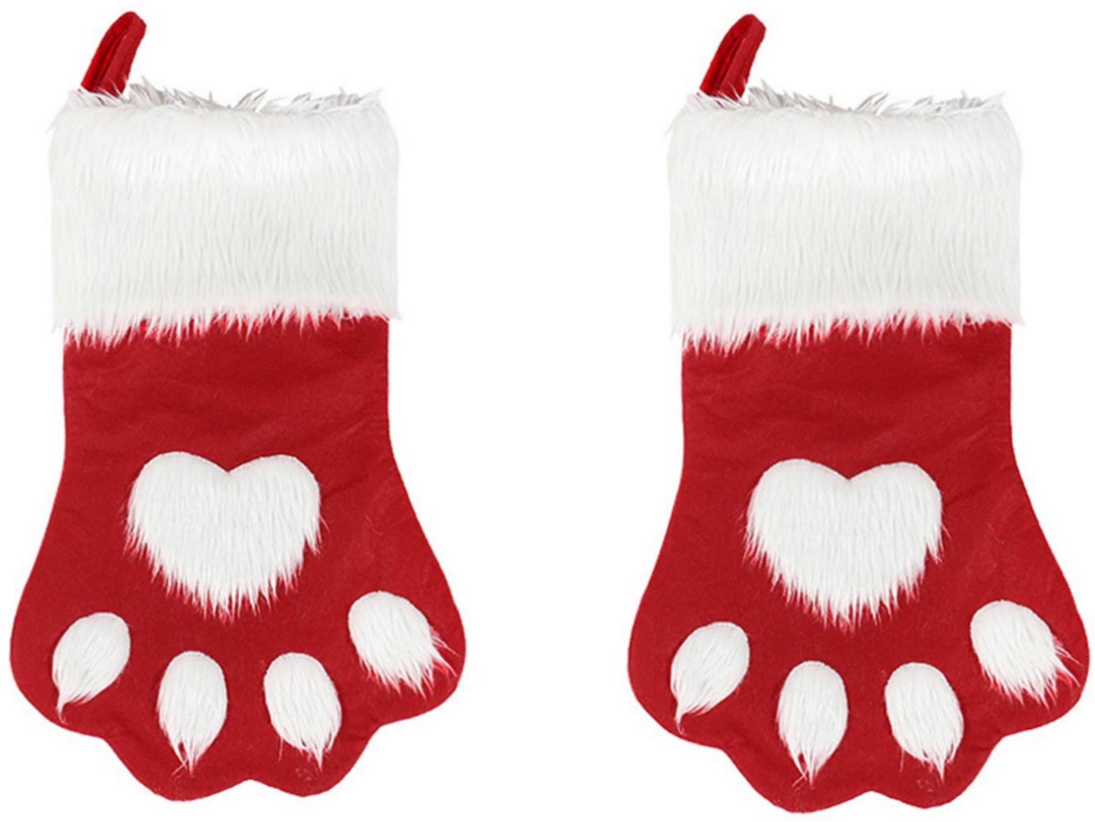 2stuks - Kerstversieringen - Kerstsokken - Kerstboomversieringen - Honden- en kattenpootafdrukken - Pluche hangende sokken - Geschikt voor feestelijke en kerstversieringen - 44 cm - Rood