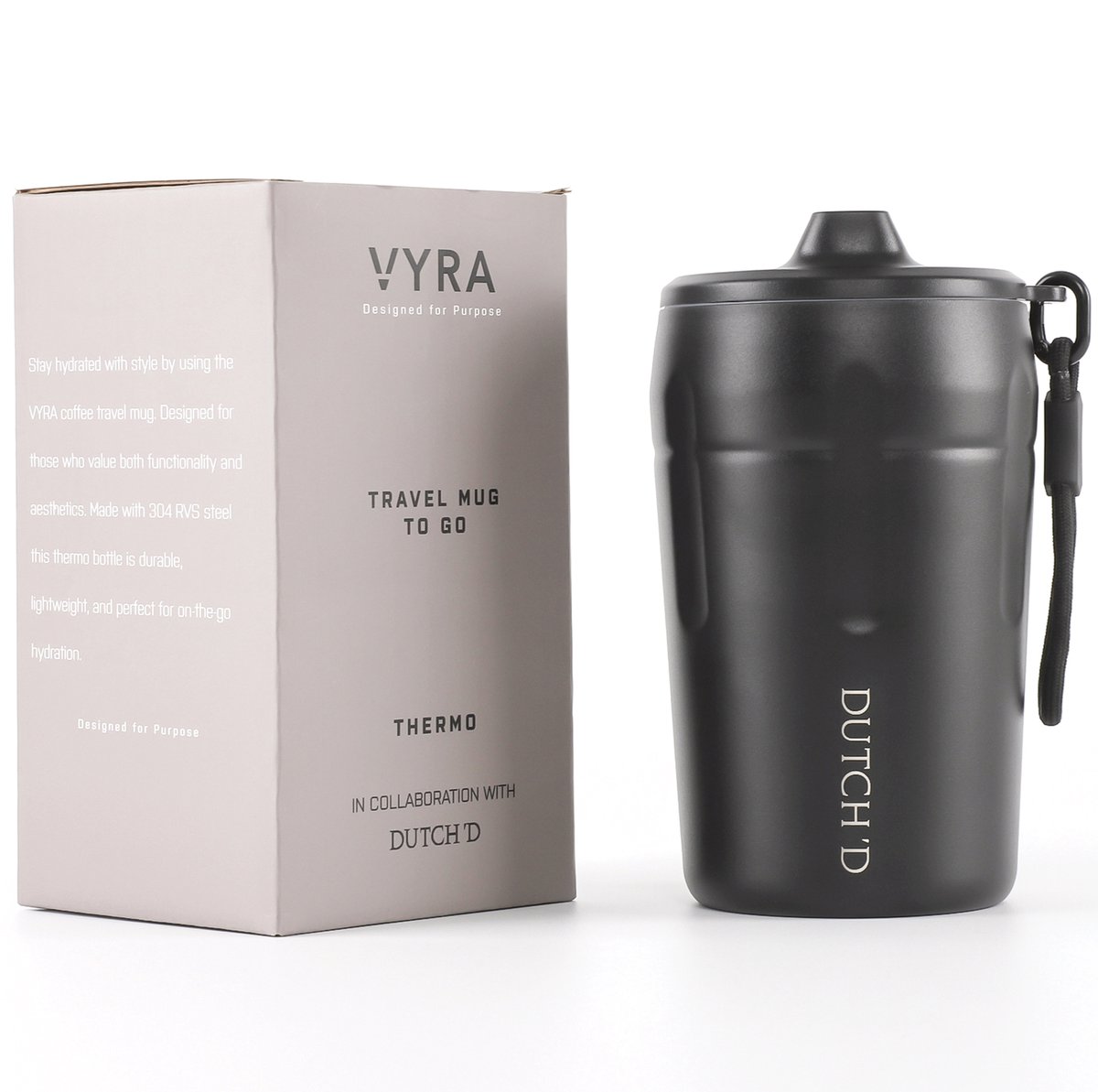 Dutch'D - Premium Thermosbeker - Zwart - 350ML - RVS - Koffiebeker To Go - Theebeker - Travel Mug - VYRA
