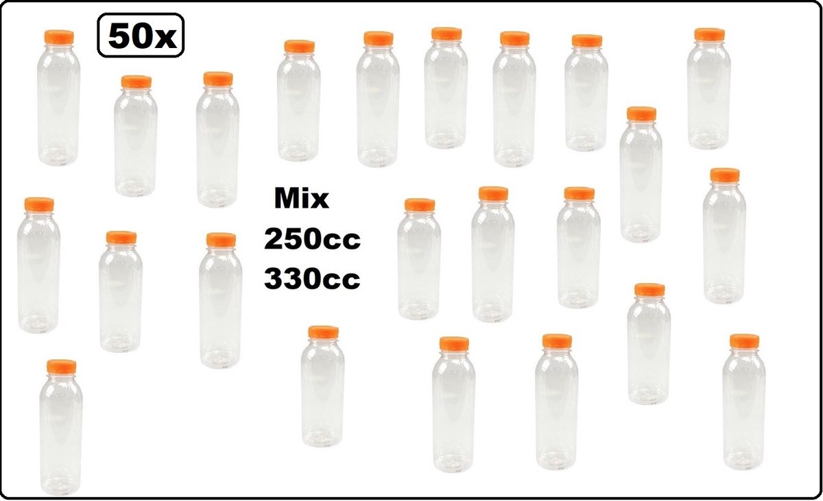 50x Fles Pet mix van 250cc en 330cc met oranje dop - gerecyclede drink fles vruchten sap limonade drank