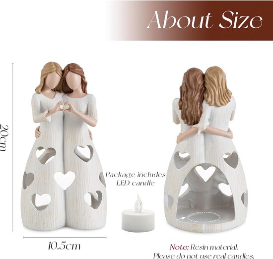 Harsbeeld van twee vrouwen, 20 cm hoog en 10,5 cm breed. De jurken hebben hartvormige uitsparingen. Inclusief LED-kaars.