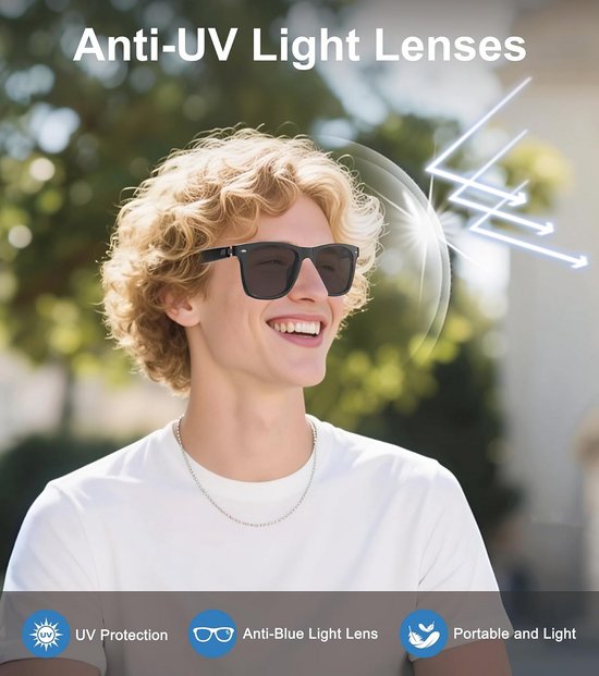 Slimme Bril met Blauwlichtfilter, Gepolariseerde Lenzen, Ingebouwde Microfoon en Luidsprekers, Compatibel met Touch & Voice Assistant, 6 Uur Batterij, Unisex Slimme (met