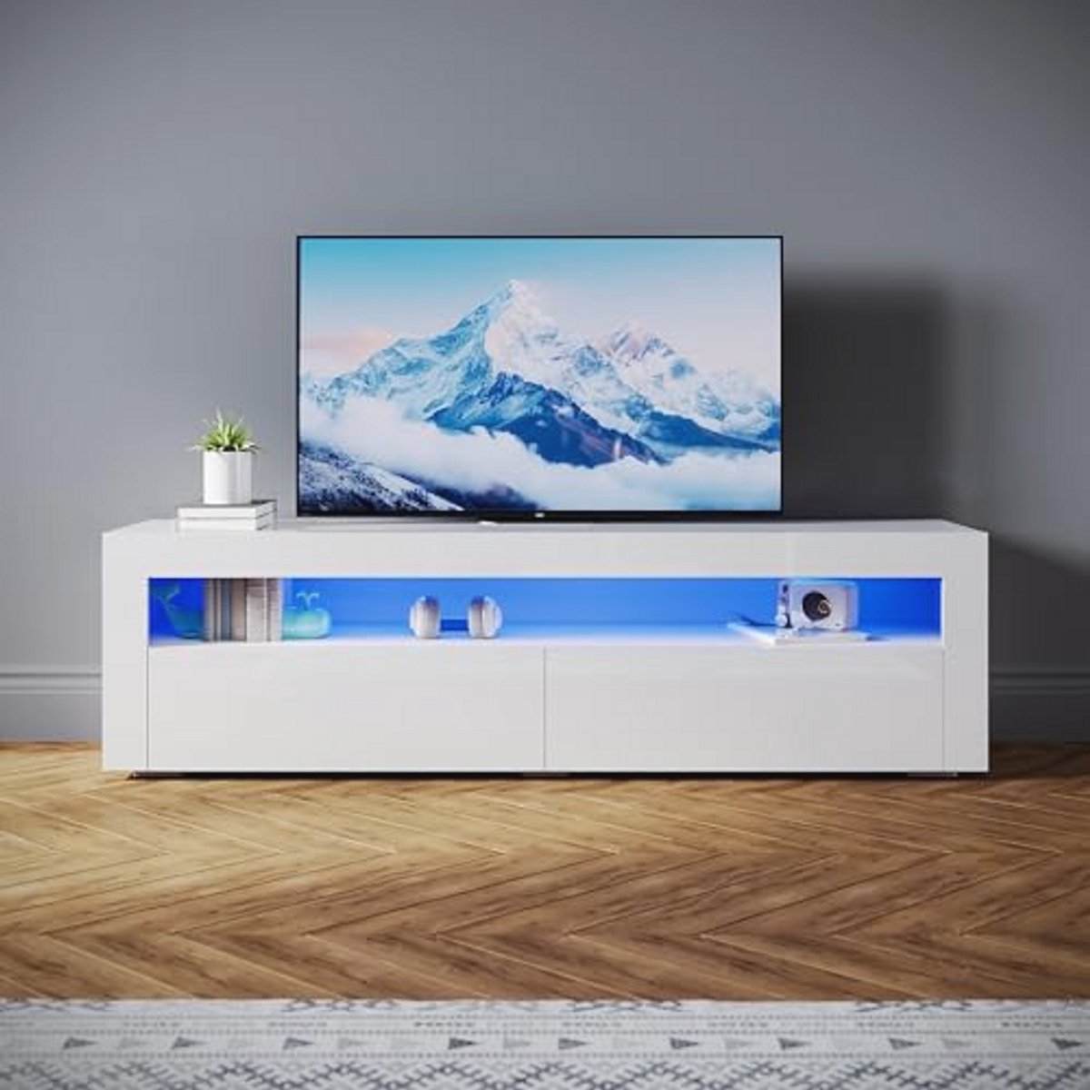 Moderne TV-kast 160 cm met LED-verlichting – Hoogglans wit, Geschikt voor TV's tot 65 inch, 2 Laden en 2 Deuren