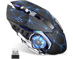 Oplaadbare draadloze gamingmuis 2.4G LEDOptische stille draadloze computermuis met 4individueel geleidlamp, 3Verstelbare versnelling DPIErgonomisch ontworpen met automatische slaapstand (Starry Black)