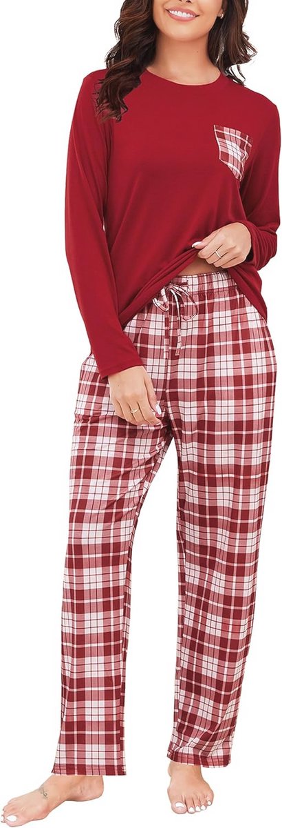 Dames Lange Mouwen Pyjama Set met Geruite Broek, Comfortabele Slaap- en Loungewear, Verkrijgbaar in Maten S-XXL