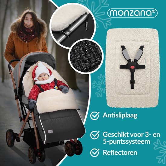Femme avec enfant dans poussette, sac de couchage bébé Monzana avec éclairage et antidérapant. Textile à pois.