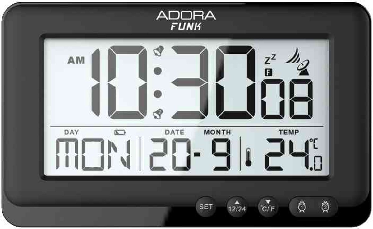 Adora Funk Digitale Wekker Zwart – Radiogestuurde Klok – Twee Alarmtijden – Temperatuur, Datum & Dagweergave – Automatische Zomer/Wintertijd – Groot Display – Achtergrondverlichting