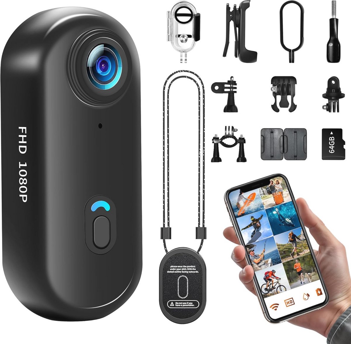 Draagbare sportcamera met WiFi en 64 GB geheugen - 1080p HD, waterdicht tot 30 m voor outdoor-activiteiten
