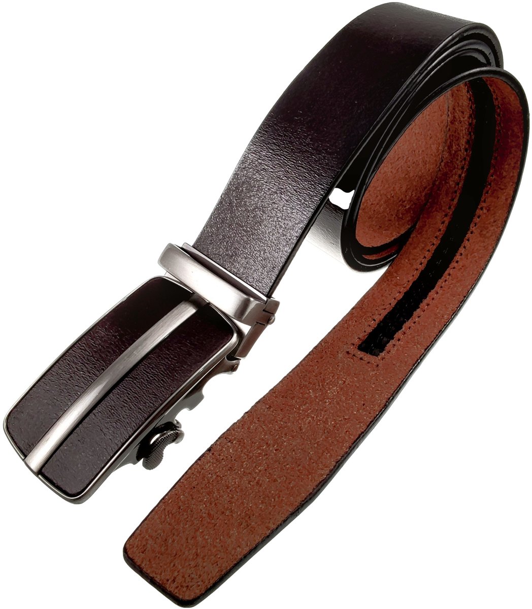 Verstelbare Donkerbruin Glanzend Riem zonder Gaatjes, Automatische Riem, Echt Leer, Heren - 3,5 cm Breed - 87 - 109 cm