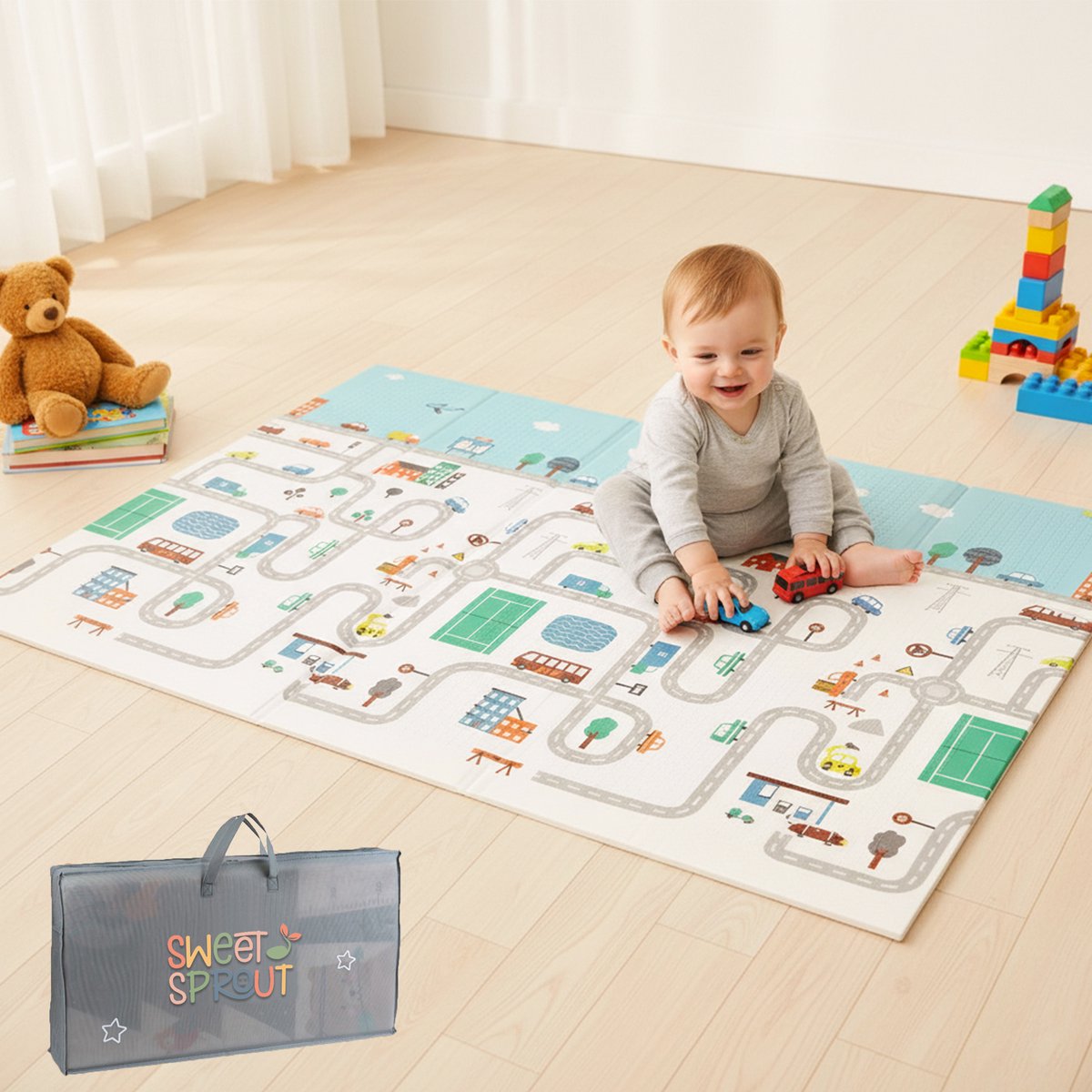 Speelmat – Speelkleed - Kinderen – Boxkleed - Babygym - Zachte Kruipmat met Levendige Auto & Stad Print – Speelmat foam - Baby - Opvouwbaar - Babyshower - 150x200cm - Inclusief opbergtas — afbeelding 9
