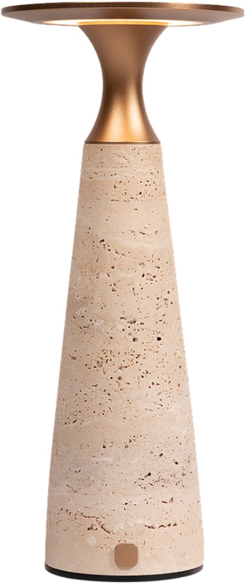 Atmooz Drias Tafellamp – H 28 cm – Tafellamp oplaadbaar – Travertin voet – Metaal in antique brass – Dimbare tafellamp voor eetkamer of woonkamer