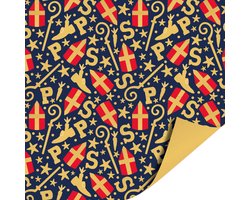 Product afbeelding van Het Inpakhuis - Inpakpapier - Cadeaupapier - Kadopapier - Sint Mijterfeest Blauw - 50cm x 3m - Rol inpakpapier - Piet - 5 December - Pakjesavond - Sinterklaas