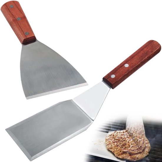 Lot de 2 spatules à griller avec manche en bois - Grande spatule en acier inoxydable - Grattoir à griller à bord biseauté - Convient pour les spatules à griller, les spatules à hamburger, les poêles en fonte et les poêles à frire
