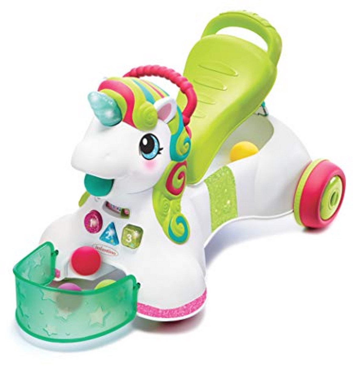 Infantino - Interactive Unicorn Carrier/Walker - With 5 Balls - 3 Sounds and Light Modes - Multicoloured
