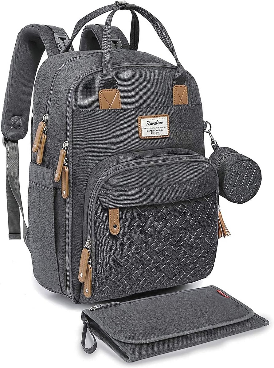 RUVALINO Babycommode Rugzak Luiertas Rugzak Met Draagbaar Verschoonkussen, Fopspeenhouder En Kinderwagenriemen, Babytas Multifunctioneel Voor Mama En Papa, Donker grijs