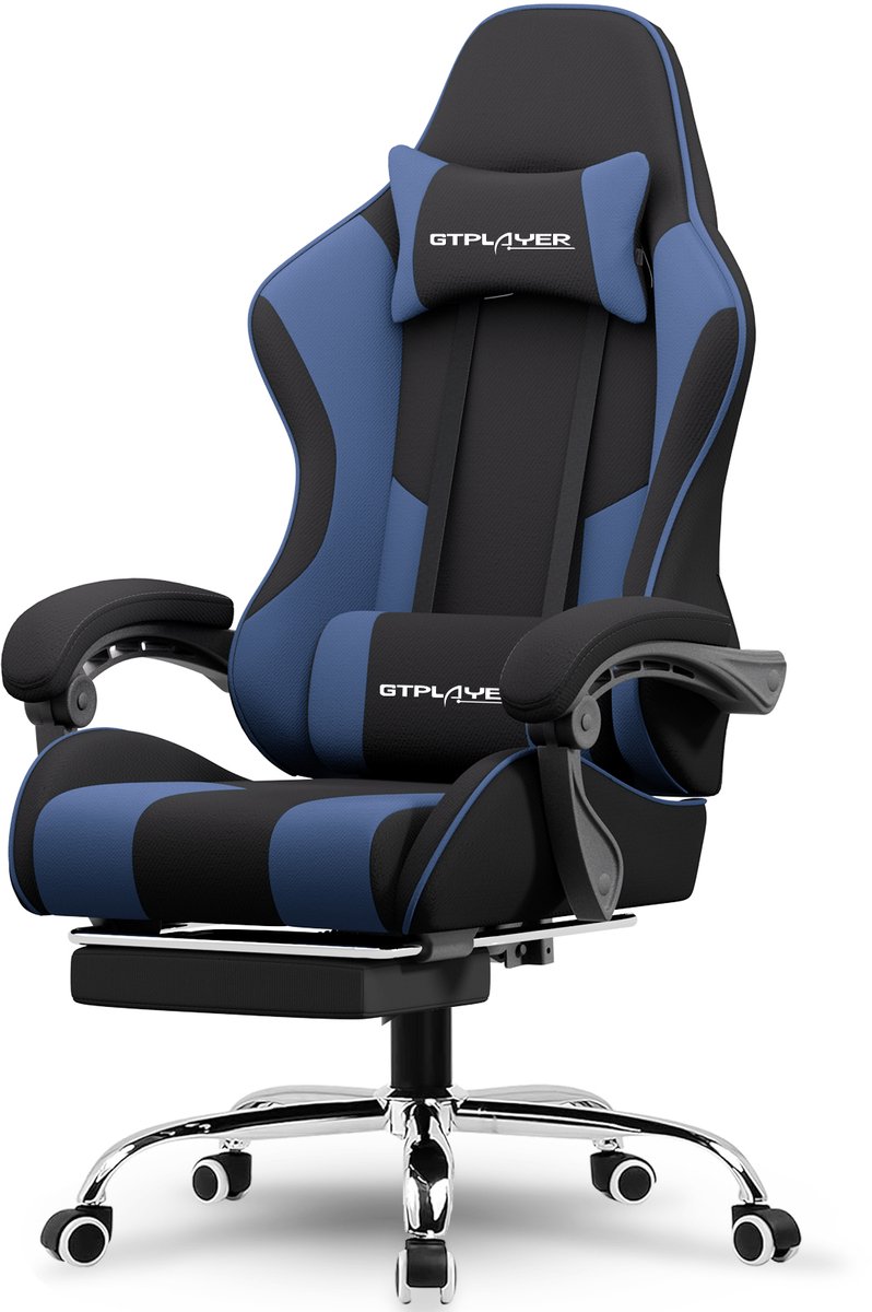 GTPLAYER Gamingstoel 135° verstelbaar, ergonomisch, met uitschuifbare voetsteun - Blauw stof