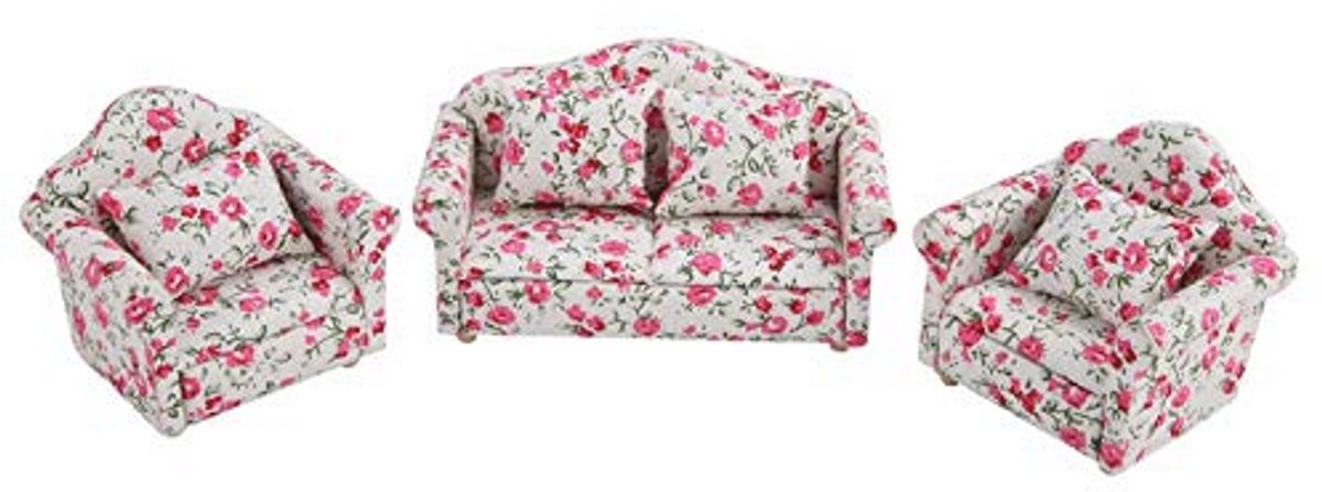 Handgemaakte ministoel en kussen voor 1/12 poppenhuis - Bloemenpatroon meubelset voor woonkamer