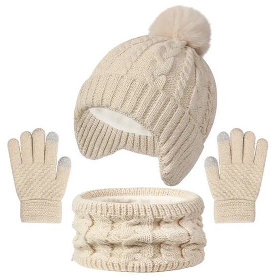 Sjtoer® - 3 Delig Winter Set - Beige - Gevoerd - Kinder Winter Muts - Col - Handschoenen - Warme gebreide wintermuts - kinder winterset - Touchscreen handschoen - Sjaal - Winteraccessoires voor meisjes jongens - 3-8 jaar oud - skiën