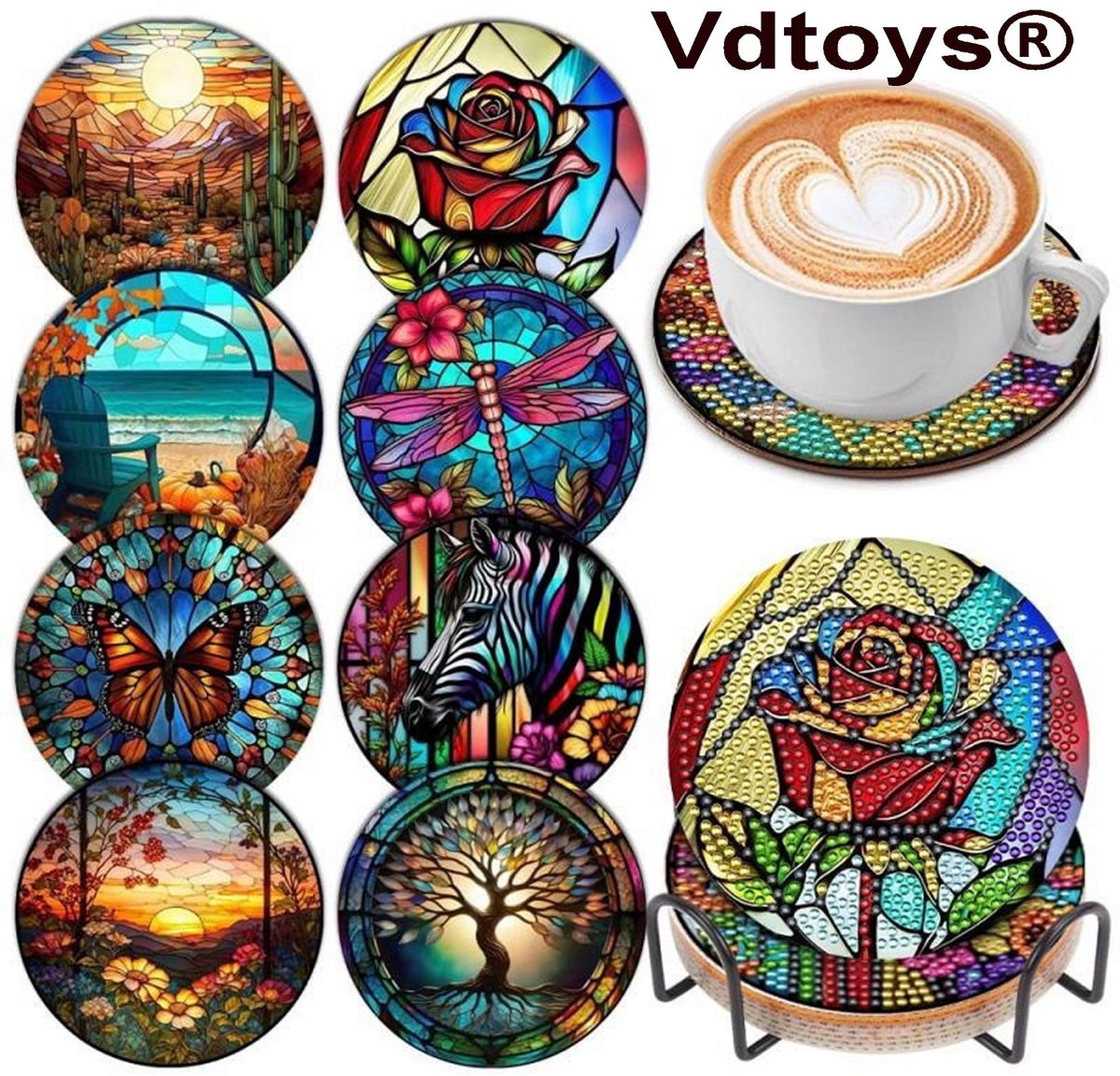 VDTOYS® DIAMOND PAINTING voor volwassenen - Fantasy 2 - Onderzetters - Coasters - Onderleggers - Ronde steentjes - 8 stuks - Compleet Hobbypakket - set AA -014 Fantasy 2