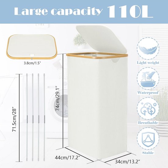 Wasmand met deksel - katoenen zak - 72 liter - 40x60x30 cm - bamboe