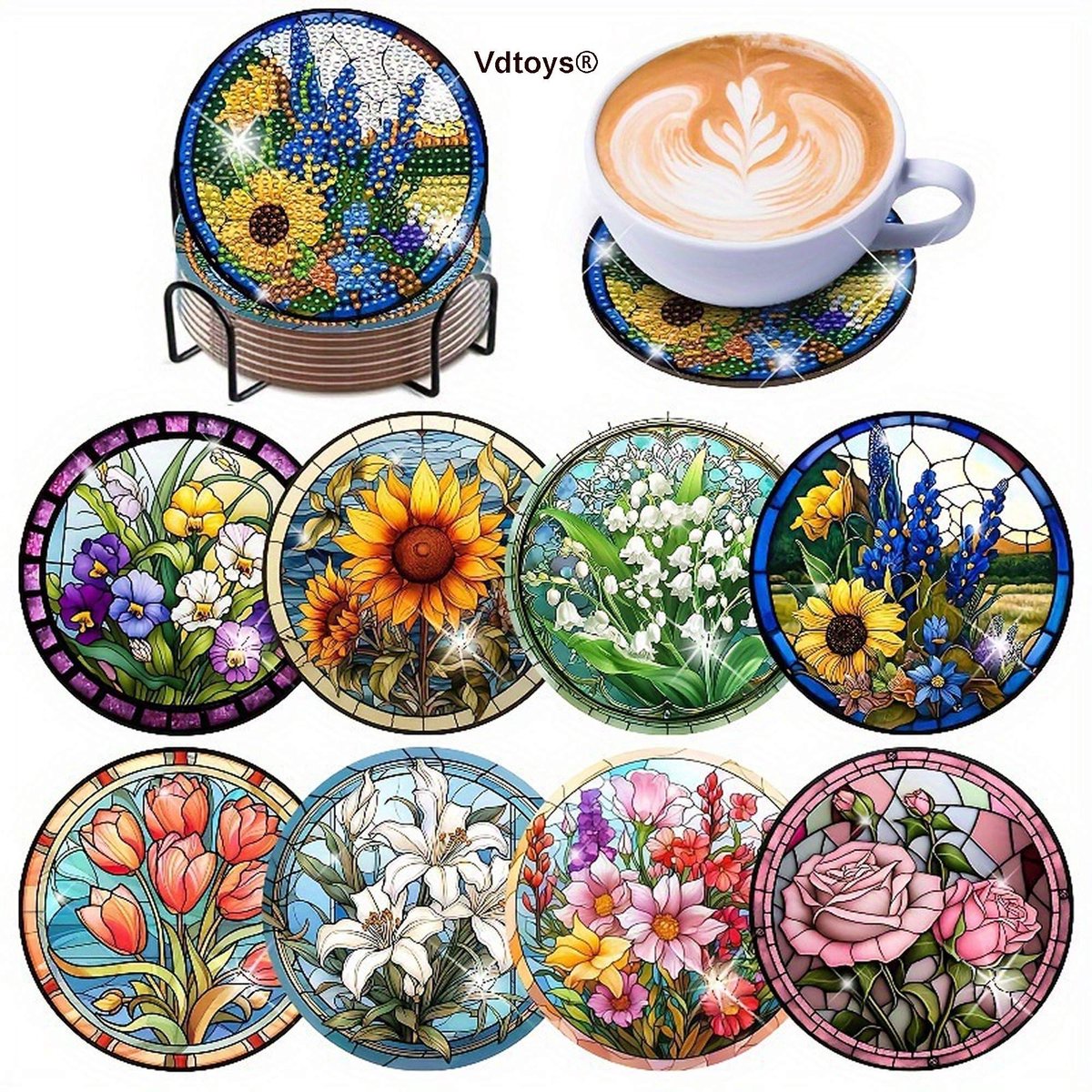 VDTOYS® DIAMOND PAINTING voor volwassenen - Onderzetters - Coasters - Onderleggers - Ronde steentjes - 8 stuks - Compleet Hobbypakket - set Z - 302A Bloemen 4