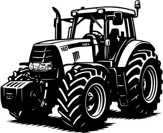 Zwarte tractor muursticker met "160" op de motorkap. Grote banden en cabine.