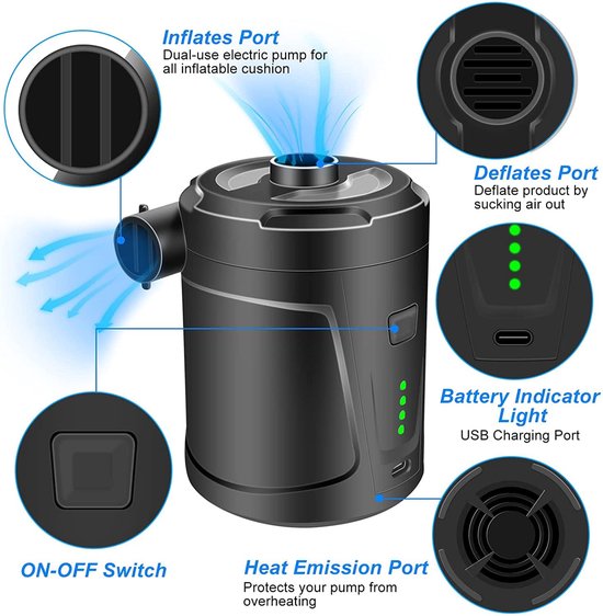 Ynkkvre - Luchtpomp-Luchtcompressor - Elektrische luchtpomp - Zwembadpomp-Draagbaar- 5200 mAh - - 400 l/min-Oplaadbare accu - Met 3 luchtsproeiers - Snelpomp voor boot/luchtbed - oranje van Ynkkvre — afbeelding 2