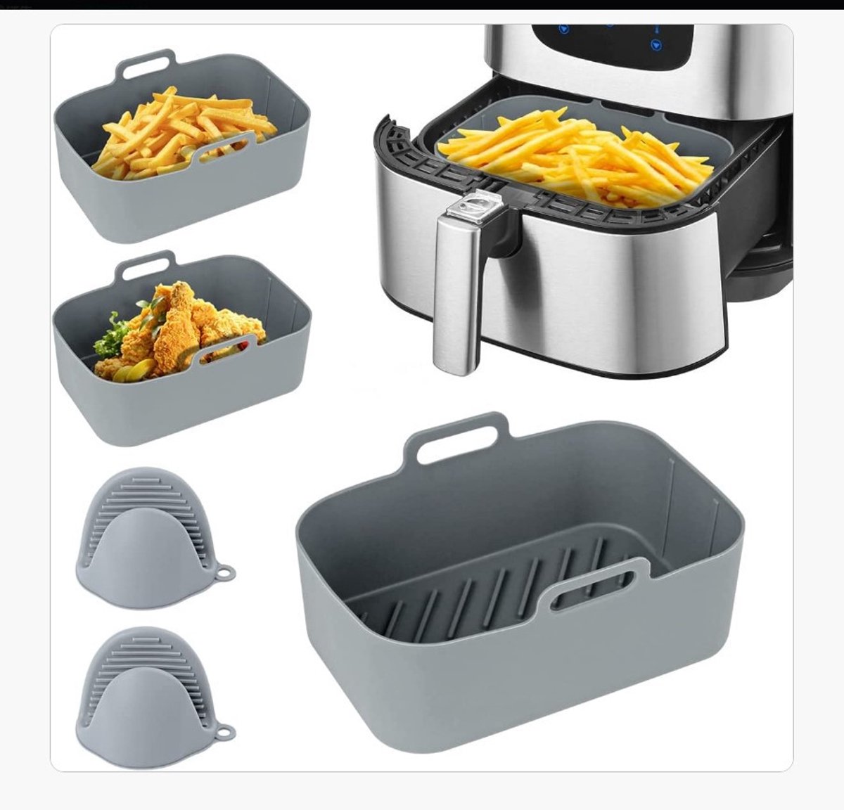 Airfryer Accessoires – Silicone Mandjes Set – Voedselveilig – Hittebestendig – Siliconen ovenschaal BPA Vrij Accessoires Heteluchtfriteuse Bakvormen – 19,5x12,7x7cm – 2-delig – Grijs