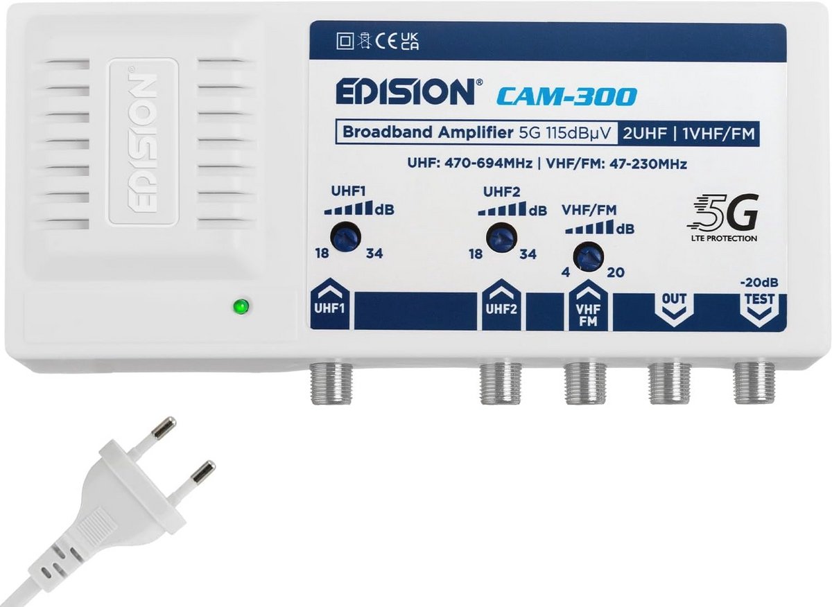 Breedband TV-Antenneversterker met Verstelbare Versterking en 5G LTE Bescherming